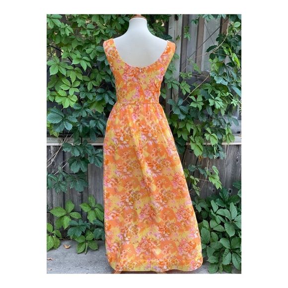 1950s Chiffon Formal Gown Dress Maxi Floral Tangerine Pink Yellow Sleeveless - Picture 6 of 16